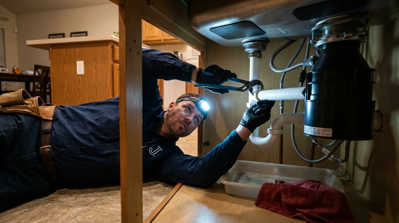 P-trap and supply line connections under a kitchen sink showing a common leak point in Oneida, TN